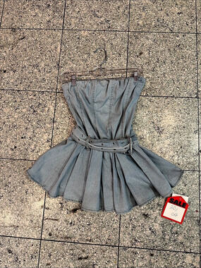 Denim Dream Strapless Belted Skater Dress Gray
